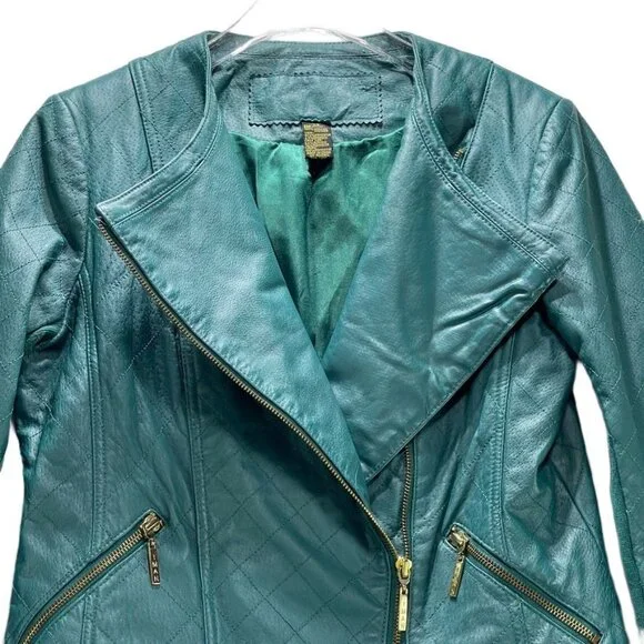 Iman Teal Leather Asymmetrical Moto Jacket XS Zipper Pockets Womens Size Small - Picture 9 of 13